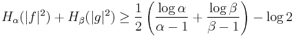  H_\alpha(|f|^2) %2B H_\beta(|g|^2) \ge \frac 1 2 \left(\frac{\log\alpha}{\alpha-1}%2B\frac{\log\beta}{\beta-1}\right) - \log 2