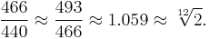 \frac{466}{440} \approx \frac{493}{466} \approx 1.059 \approx \sqrt[12]2.