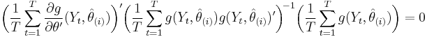 
    \bigg(\frac{1}{T}\sum_{t=1}^T \frac{\partial g}{\partial\theta'}(Y_t,\hat\theta_{(i)})\bigg)' \bigg(\frac{1}{T}\sum_{t=1}^T g(Y_t,\hat\theta_{(i)})g(Y_t,\hat\theta_{(i)})'\bigg)^{\!-1} \bigg(\frac{1}{T}\sum_{t=1}^T g(Y_t,\hat\theta_{(i)})\bigg) = 0
  