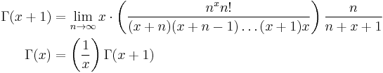 \,
\begin{align}
\Gamma(x%2B1)&=
\lim_{n\rightarrow\infty}x\cdot\left(\frac{n^xn!}{(x%2Bn)(x%2Bn-1)\ldots(x%2B1)x}\right)\frac{n}{n%2Bx%2B1}\\
\Gamma(x)&=\left(\frac{1}{x}\right)\Gamma(x%2B1)
\end{align}
\,