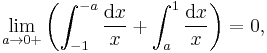 \lim_{a\rightarrow 0%2B}\left(\int_{-1}^{-a}\frac{\mathrm{d}x}{x}%2B\int_a^1\frac{\mathrm{d}x}{x}\right)=0,