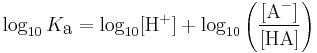 \log_{10}K_\textrm{a} = \log_{10}[\textrm{H}^%2B] %2B \log_{10} \left ( \frac{[\textrm{A}^-]}{[\textrm{HA}]} \right )