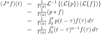 
\begin{array}{rcl}
(J^\alpha f)(t) &= &\frac{1}{\Gamma(\alpha)}\mathcal L^{-1}\left\{\left(\mathcal L\{p\}\right)(\mathcal L\{f\})\right\}\\
&=&\frac{1}{\Gamma(\alpha)}(p*f)\\
&=&\frac{1}{\Gamma(\alpha)}\int_0^t p(t-\tau)f(\tau)\,d\tau\\
&=&\frac{1}{\Gamma(\alpha)}\int_0^t(t-\tau)^{\alpha-1}f(\tau)\,d\tau\\
\end{array}
