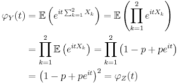 \begin{align}\varphi_Y(t)&=\mathbb{E}\left(e^{it\sum_{k=1}^2 X_k}\right)=\mathbb{E}\left(\prod_{k=1}^2 e^{itX_k}\right)\\
&=\prod_{k=1}^2 \mathbb{E}\left(e^{itX_k}\right)=\prod_{k=1}^2 \left(1-p%2Bpe^{it}\right)\\
&=\left(1-p%2Bpe^{it}\right)^2=\varphi_Z(t)\end{align}