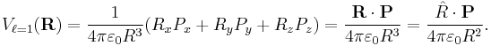 
V_{\ell=1}(\mathbf{R}) = 
\frac{1}{4\pi \varepsilon_0 R^3} (R_x P_x %2BR_y P_y %2B R_z P_z) = \frac{\mathbf{R}\cdot\mathbf{P} }{4\pi \varepsilon_0 R^3} = 
\frac{\hat{R}\cdot\mathbf{P} }{4\pi \varepsilon_0 R^2}.
