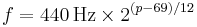 f=440\,\mbox{Hz} \times 2^{(p-69)/12}