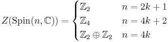 Z(\operatorname{Spin}(n,\mathbb{C})) = \begin{cases}
\mathbb{Z}_2 & n = 2k%2B1\\
\mathbb{Z}_4 & n = 4k%2B2\\
\mathbb{Z}_2 \oplus \mathbb{Z}_2 & n = 4k\\
\end{cases}