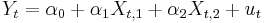 Y_t = \alpha_0%2B \alpha_1 X_{t,1} %2B \alpha_2 X_{t,2} %2B u_t \,