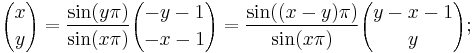 {x \choose y}= \frac{\sin (y \pi)}{\sin(x \pi)} {-y-1 \choose -x-1}= \frac{\sin((x-y) \pi)}{\sin (x \pi)} {y-x-1 \choose y};