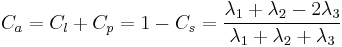 
     C_a=C_l%2BC_p=1-C_s=\frac{\lambda_1 %2B \lambda_2 - 2\lambda_3}{\lambda_1 %2B \lambda_2 %2B \lambda_3}
   