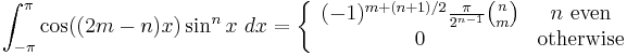 
\int_{-\pi}^{\pi} \cos((2m-n)x)\sin^n x\ dx = \left \{
\begin{array}{cc}
(-1)^{m%2B(n%2B1)/2} \frac{\pi}{2^{n-1}} \binom{n}{m} & n \mbox{ even} \\
0 & \mbox{otherwise} \\
\end{array} \right.