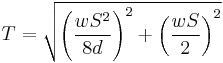 T = \sqrt{\left(\frac{wS^2}{8d}\right)^2 %2B \left(\frac{wS}{2}\right)^2}