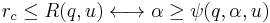 
r_{c} \le R(q,u)  \longleftrightarrow \alpha \ge \psi(q,\alpha,u)
