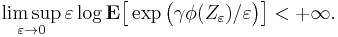 \limsup_{\varepsilon \to 0} \varepsilon \log \mathbf{E} \big[ \exp \big( \gamma \phi(Z_{\varepsilon}) / \varepsilon \big) \big] < %2B \infty.