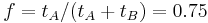 f = t_A / (t_A %2B t_B) = 0.75