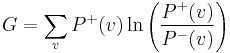 G = \sum_{v}{P^{%2B}(v)\ln\left({\frac{P^{%2B}(v)}{P^{-}(v)}}\right)}