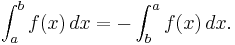 \int_a^b f(x) \, dx = - \int_b^a f(x) \, dx. 