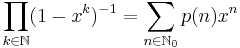 \prod\limits_{k\in\mathbb{N}} (1 - x^k)^{-1} = \sum\limits_{n\in \mathbb{N}_0} p(n) x^n