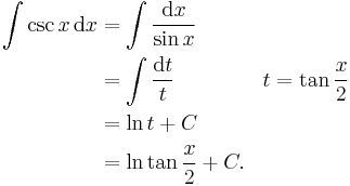 
\begin{align}
\int\csc x\,\mathrm{d}x&=\int\frac{\mathrm{d}x}{\sin x}&\\
&=\int\frac{\mathrm{d}t}{t}&t=\tan\frac{x}{2}\\
&=\ln t%2BC\\
&=\ln \tan\frac{x}{2}%2BC.
\end{align}
