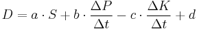  D=a \cdot S%2Bb \cdot \frac {\Delta P}{\Delta t}-c \cdot\frac {\Delta K}{\Delta t}%2Bd \,\ 