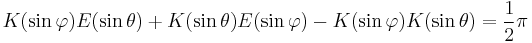 K(\sin \varphi) E(\sin \theta ) %2B K(\sin \theta ) E(\sin \varphi) - K(\sin \varphi) K(\sin \theta) = {1 \over 2}\pi\!