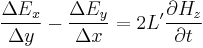 \frac{\Delta E_x}{\Delta y} - \frac{\Delta E_y}{\Delta x} = 2L'\frac{\partial H_z}{\partial t}