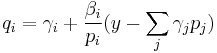 q_i = \gamma_i %2B \frac{\beta_i}{p_i} (y - \sum_j \gamma_j p_j) 