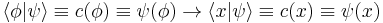  \langle \phi | \psi \rangle \equiv c(\phi) \equiv \psi(\phi) \rightarrow \langle x | \psi \rangle \equiv c(x) \equiv \psi(x) 