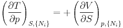 
\left(\frac{\partial T}{\partial p}\right)_{S,\{N_i\}} =
%2B\left(\frac{\partial V}{\partial S}\right)_{p,\{N_i\}}
