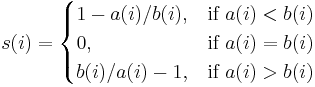 s(i) = \begin{cases}
  1-a(i)/b(i), & \mbox{if } a(i) < b(i) \\
  0,  & \mbox{if } a(i) = b(i) \\
  b(i)/a(i)-1, & \mbox{if } a(i) > b(i) \\
\end{cases}
