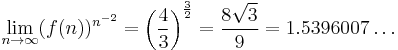 \lim_{n \to \infty}(f(n))^{n^{-2}}=\left(\frac{4}{3}\right)^\frac{3}{2}=\frac{8 \sqrt{3}}{9}=1.5396007\dots