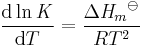 The derivative of the natural logarithm of any equilibrium constant K with respect to the temperature T /K equals the standard enthalpy change for the reaction divided by the product R times T squared. Here R represents the gas constant, which equals the thermal energy per mole per [[kelvin]]. The standard enthalpy is written as Delta H with a superscript plimsol mark represented by the image strikeO. This equation follows from the definition of the Gibbs free energy Delta G equals R times T times the natural logarithm of K.