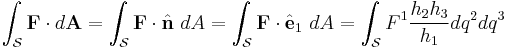 \int_{\mathcal S} \mathbf F \cdot d\mathbf A =
\int_{\mathcal S} \mathbf F \cdot \hat{\mathbf n} \ d A =
\int_{\mathcal S} \mathbf F \cdot \hat{\mathbf e}_1 \ d A =
\int_{\mathcal S} F^1 \frac{h_2 h_3}{h_1} dq^2 dq^3
