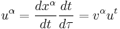 u^{\alpha} = \frac{d x^{\alpha}}{d t} \frac{d t}{d \tau} = v^{\alpha} u^{t} \,