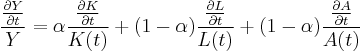 \frac {\frac{ \partial Y}{ \partial t}}{Y} = \alpha \frac{ \frac{ \partial K}{ \partial t} }{K(t)}  %2B (1 - {\alpha})\frac{  \frac{ \partial L}{ \partial t} } {L(t)} %2B (1 - {\alpha})\frac{  \frac{ \partial A}{ \partial t} } {A(t)}   