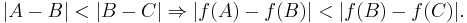 |A-B| < |B-C| \Rightarrow |f(A) - f(B)| < |f(B) - f(C)|. \,