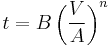 t = B \left( \frac{V}{A} \right)^n