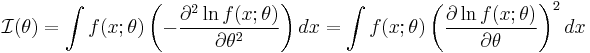 \mathcal{I}(\theta)
= \int f(x; \theta) \left(-\frac{\partial^2\ln f(x; \theta)}{\partial\theta^2} \right) dx
= \int f(x; \theta) \left(\frac{\partial\ln f(x; \theta)}{\partial\theta} \right)^2 dx