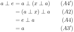  
\begin{align}
a \perp e & = a \perp (x \perp a) &\quad (A4')  \\
      & = (a \perp x) \perp a &\quad (A2)   \\
      & = e \perp a       &\quad (A4) \\
      & = a           &\quad (A3')  \\
\end{align}
