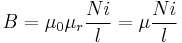  B = \mu_0 \mu_r \frac{N i}{l} = \mu \frac{N i}{l} 