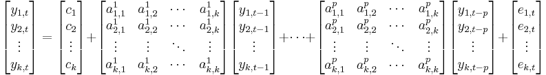 \begin{bmatrix}y_{1,t} \\ y_{2,t}\\ \vdots \\ y_{k,t}\end{bmatrix}=\begin{bmatrix}c_{1} \\ c_{2}\\ \vdots \\ c_{k}\end{bmatrix}%2B
\begin{bmatrix}
a_{1,1}^1&a_{1,2}^1 & \cdots & a_{1,k}^1\\ 
a_{2,1}^1&a_{2,2}^1 & \cdots & a_{2,k}^1\\ 
\vdots& \vdots& \ddots& \vdots\\
a_{k,1}^1&a_{k,2}^1 & \cdots & a_{k,k}^1
\end{bmatrix}
\begin{bmatrix}y_{1,t-1} \\ y_{2,t-1}\\ \vdots \\ y_{k,t-1}\end{bmatrix}
%2B \cdots %2B
\begin{bmatrix}
a_{1,1}^p&a_{1,2}^p & \cdots & a_{1,k}^p\\ 
a_{2,1}^p&a_{2,2}^p & \cdots & a_{2,k}^p\\ 
\vdots& \vdots& \ddots& \vdots\\
a_{k,1}^p&a_{k,2}^p & \cdots & a_{k,k}^p
\end{bmatrix}
\begin{bmatrix}y_{1,t-p} \\ y_{2,t-p}\\ \vdots \\ y_{k,t-p}\end{bmatrix}

 %2B \begin{bmatrix}e_{1,t} \\ e_{2,t}\\ \vdots \\ e_{k,t}\end{bmatrix}