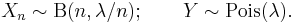 X_n \sim \textrm{B}(n,\lambda /n); \qquad Y\sim\textrm{Pois}(\lambda). \,