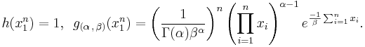 \begin{align} 
h(x_1^n)= 1,\,\,\, 
g_{(\alpha \, , \, \beta)}(x_1^n)= \left({1 \over \Gamma(\alpha) \beta^{\alpha}}\right)^n \left(\prod_{i=1}^n x_i\right)^{\alpha-1} e^{{-1 \over \beta} \sum_{i=1}^n{x_i}}.
\end{align}