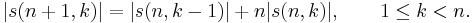  | s(n%2B1,k)| = | s(n,k-1)| %2B n| s(n,k)|,\qquad 1\leq k < n.