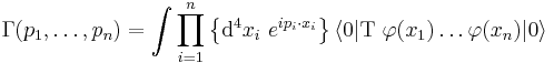 
\Gamma(p_1,\ldots,p_n)=\int
\prod_{i=1}^{n}
   \left\{
   \mathrm{d}^4x_i\ 
   e^{i p_i\cdot x_i}
   \right\}
\langle 0|\mathrm{T}\ \varphi(x_1)\ldots\varphi(x_n)|0\rangle
