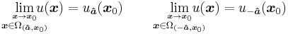 \lim_{\overset{\boldsymbol{x}\rightarrow \boldsymbol{x}_0}{\boldsymbol{x}\in\Omega_{({\boldsymbol{\hat{a}}},\boldsymbol{x}_0)}}}\!\!\!\!\!\!u(\boldsymbol{x})=u_{\boldsymbol{\hat a}}(\boldsymbol{x}_0) \qquad \lim_{\overset{\boldsymbol{x}\rightarrow \boldsymbol{x}_0}{\boldsymbol{x}\in\Omega_{(-{\boldsymbol{\hat{a}}},\boldsymbol{x}_0)}}}\!\!\!\!\!\!\!u(\boldsymbol{x})=u_{-\boldsymbol{\hat a}}(\boldsymbol{x}_0)