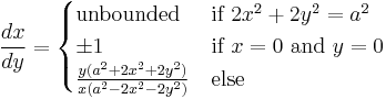 \frac{dx}{dy} = \begin{cases}
\mbox{unbounded} & \mbox{if } 2x^2 %2B 2y^2 = a^2 \\
\pm1 & \mbox{if } x = 0 \mbox{ and } y = 0 \\
\frac{y(a^2 %2B 2x^2 %2B 2y^2)}{x(a^2 - 2x^2 - 2y^2)}   & \mbox{else }  
\end{cases}