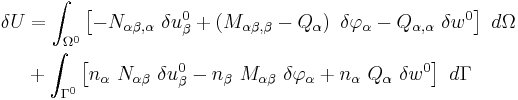 
  \begin{align}
  \delta U & = \int_{\Omega^0} \left[-N_{\alpha\beta,\alpha}~\delta u^0_{\beta}
    %2B \left(M_{\alpha\beta,\beta}-Q_\alpha\right)~\delta \varphi_{\alpha} - Q_{\alpha,\alpha}~\delta w^0\right]~d\Omega \\
  & %2B \int_{\Gamma^0} \left[n_\alpha~N_{\alpha\beta}~\delta u^0_{\beta}
- n_\beta~M_{\alpha\beta}~\delta \varphi_{\alpha} %2B n_\alpha~Q_\alpha~\delta w^0\right]~d\Gamma
  \end{align}
