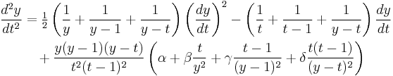 \begin{align}
\frac{d^2y}{dt^2}&=
\tfrac12\left(\frac{1}{y}%2B\frac{1}{y-1}%2B\frac{1}{y-t}\right)\left( \frac{dy}{dt} \right)^2
-\left(\frac{1}{t}%2B\frac{1}{t-1}%2B\frac{1}{y-t}\right)\frac{dy}{dt} \\&\quad %2B
\frac{y(y-1)(y-t)}{t^2(t-1)^2}
\left(\alpha%2B\beta\frac{t}{y^2}%2B\gamma\frac{t-1}{(y-1)^2}%2B\delta\frac{t(t-1)}{(y-t)^2}\right)\\ 
\end{align}