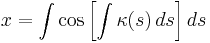 
x = \int \cos \left[\int \kappa(s) \,ds\right] ds
